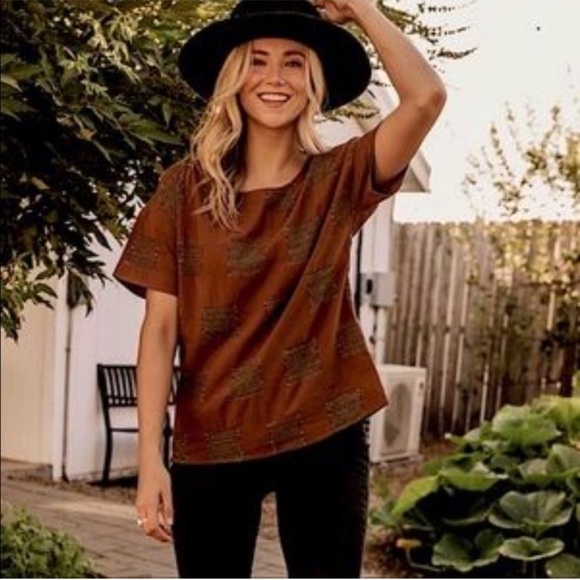 Roolee Wallace Button Back Patchworck Brown Short Sleeve Top Shirt Small Fall - Picture 1 of 6